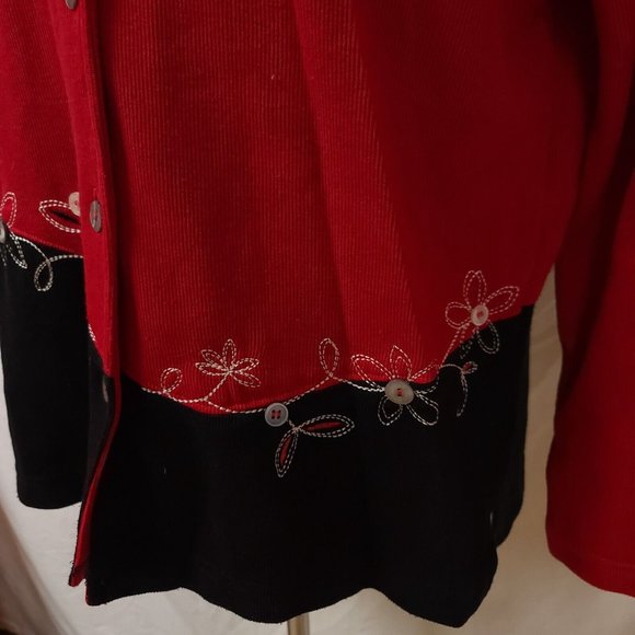 Teddi Womens Large Red Black Floral Long Sleeve Button Up Cardigan Sweater USA - Picture 5 of 13